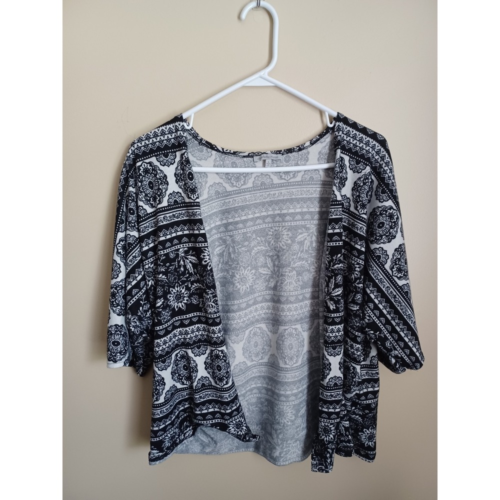Women's Size L Charolette Russe Black White Design 3/4 Sleeve Cardigan Cover Up